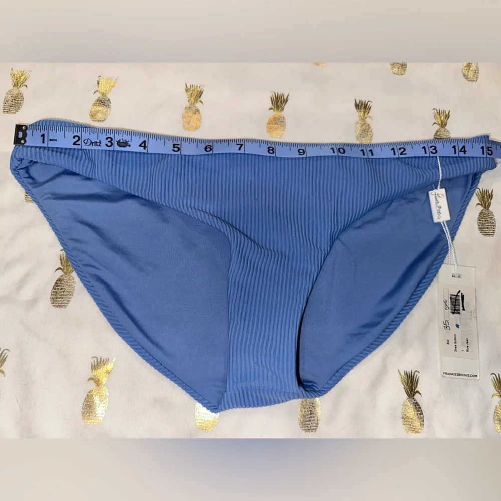 Frankie’s bikini bottoms, NWT. Pretty Blue. Small snags on fabric.